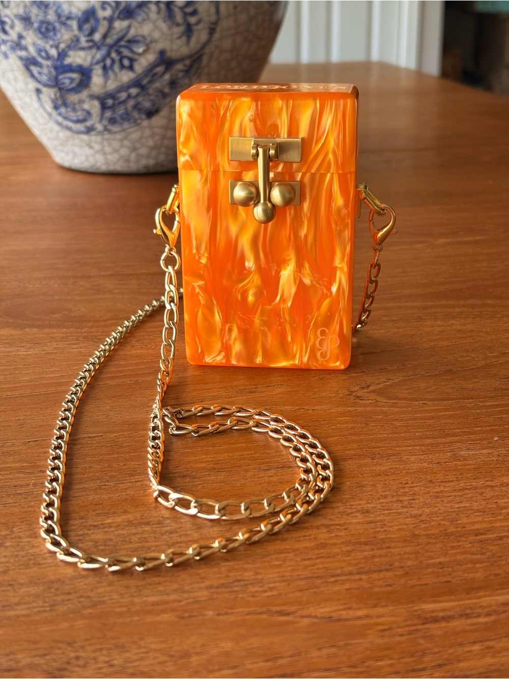 Edie Parker Orange Acrylic Box Crossbody Bag with Gold Chain NWT